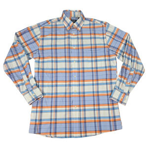 Chaps Oxford Mens 15-15.5 32/33 Small Blue Orange Plaid Classic Fit Shirt Spring
